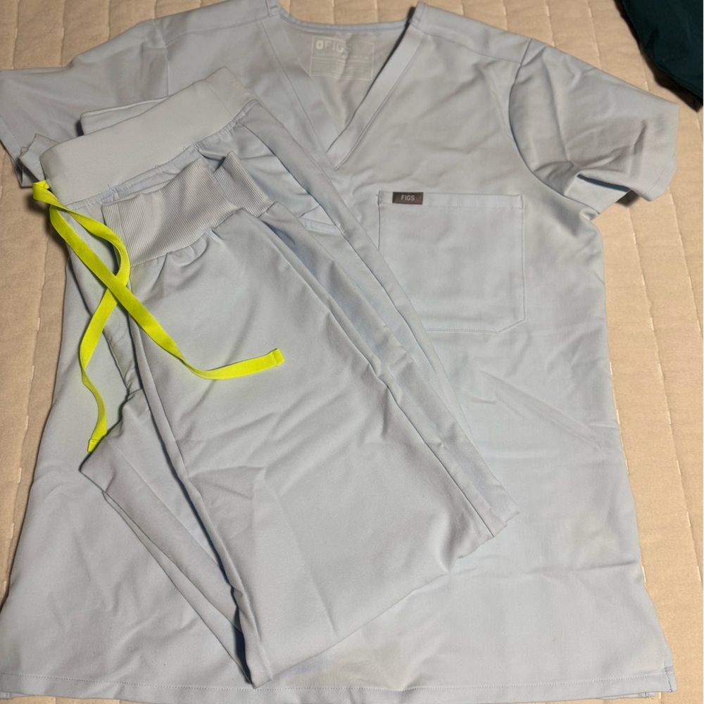 Figs Light Blue Scrub Set with Neon Yellow Accent